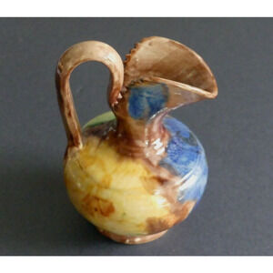 Vintage Mexican OAXACA‎ Pitcher Swirl Blue Yellow Pottery 5" Small Mexico Handle